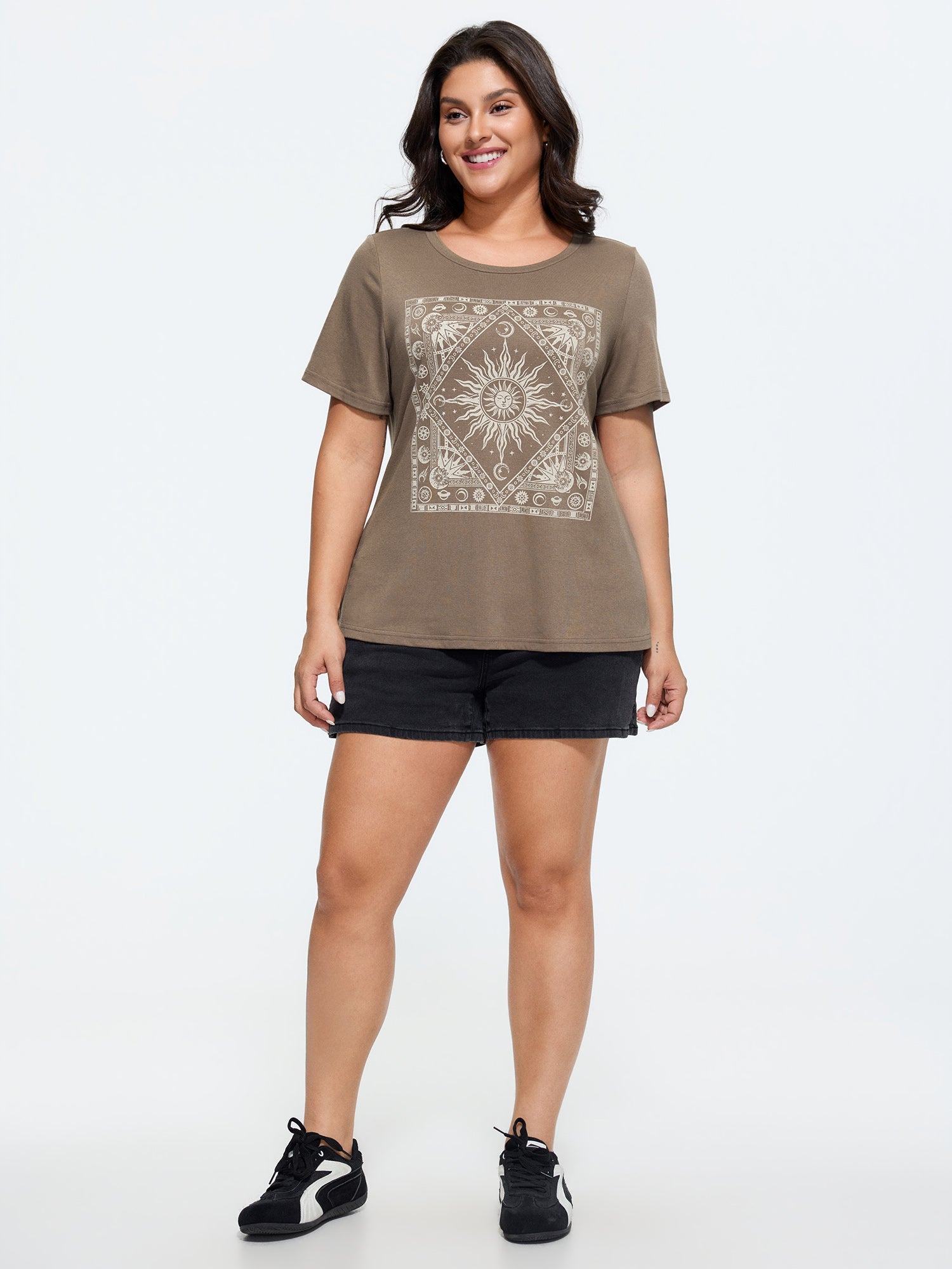 Supersoft Geometric Print Round Neck Long T-Shirt