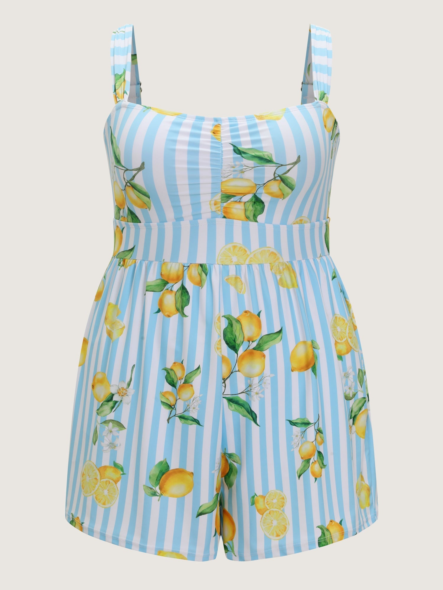 Lemon Striped Print Pockets Swim Romper