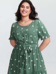 Supersoft Floral Embroidered Waist-Tie Mini Dress