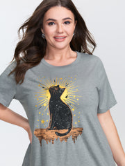 Midnight Cat Print Stretchy T-Shirt