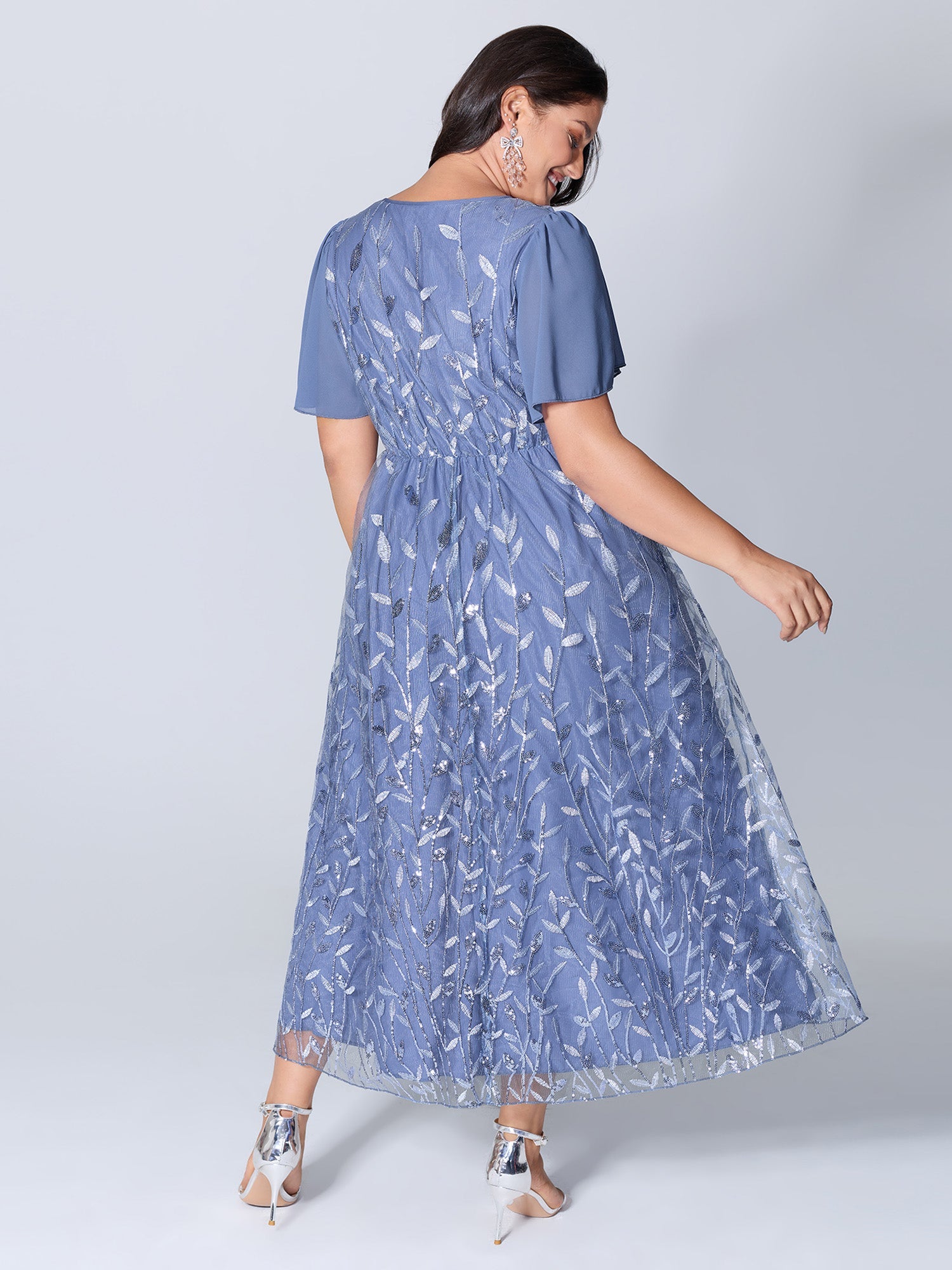 Lace Mesh Petal Hem Leaf Sequin Midi Dress