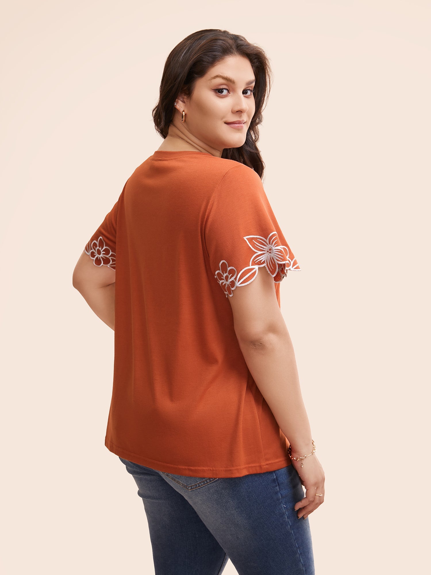 V Neck Floral Embroidered T-shirt
