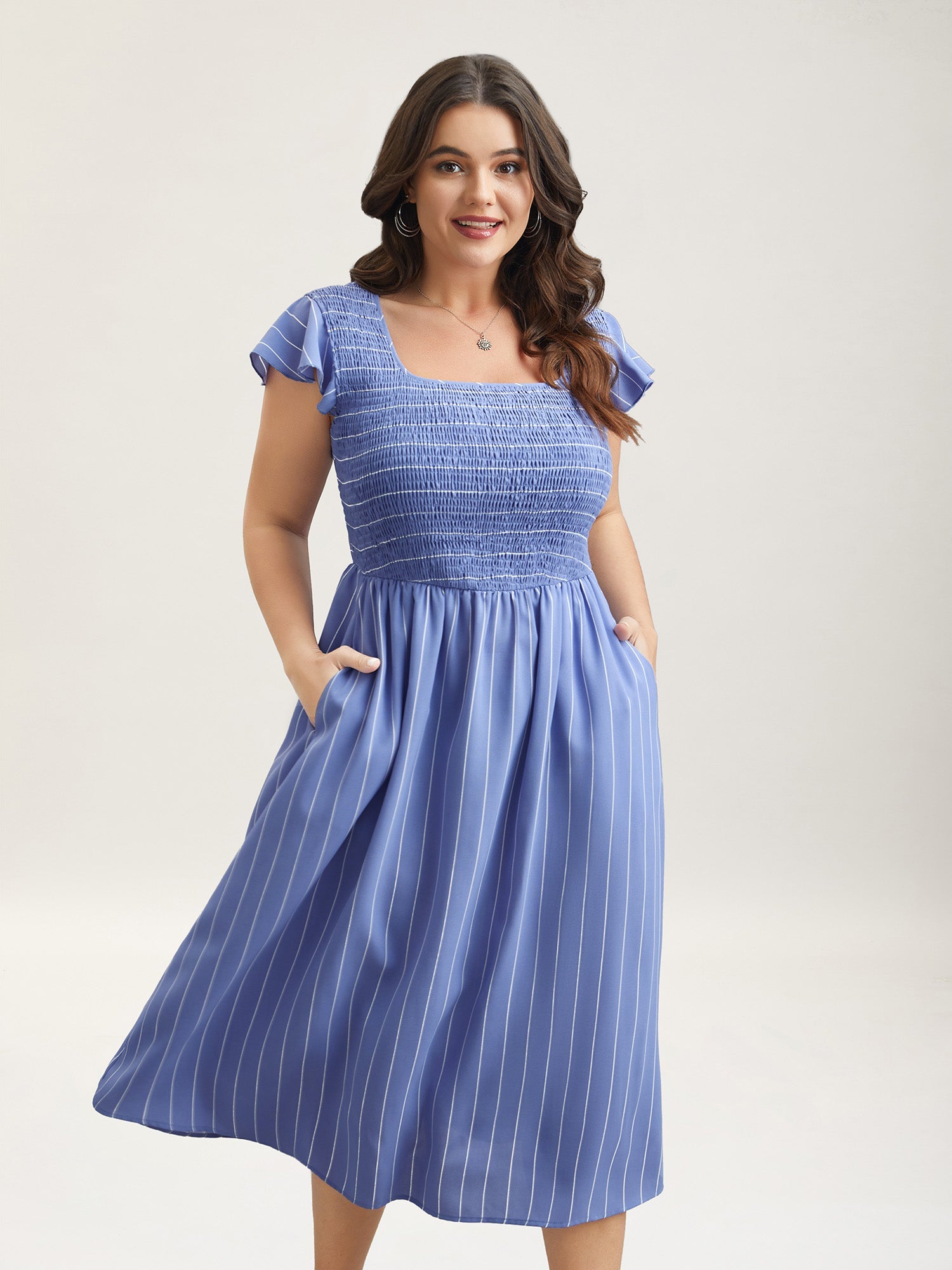 Striped Shirred Flutter Sleeve Midi Dress