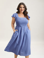 Striped Shirred Flutter Sleeve Midi Dress