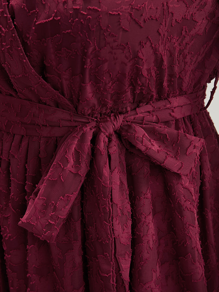 Floral Pocket Lantern Sleeve Belted Surplice Neck Dress