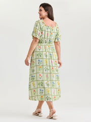 Floral Collage Print Ruffled Neckline Midi Dress