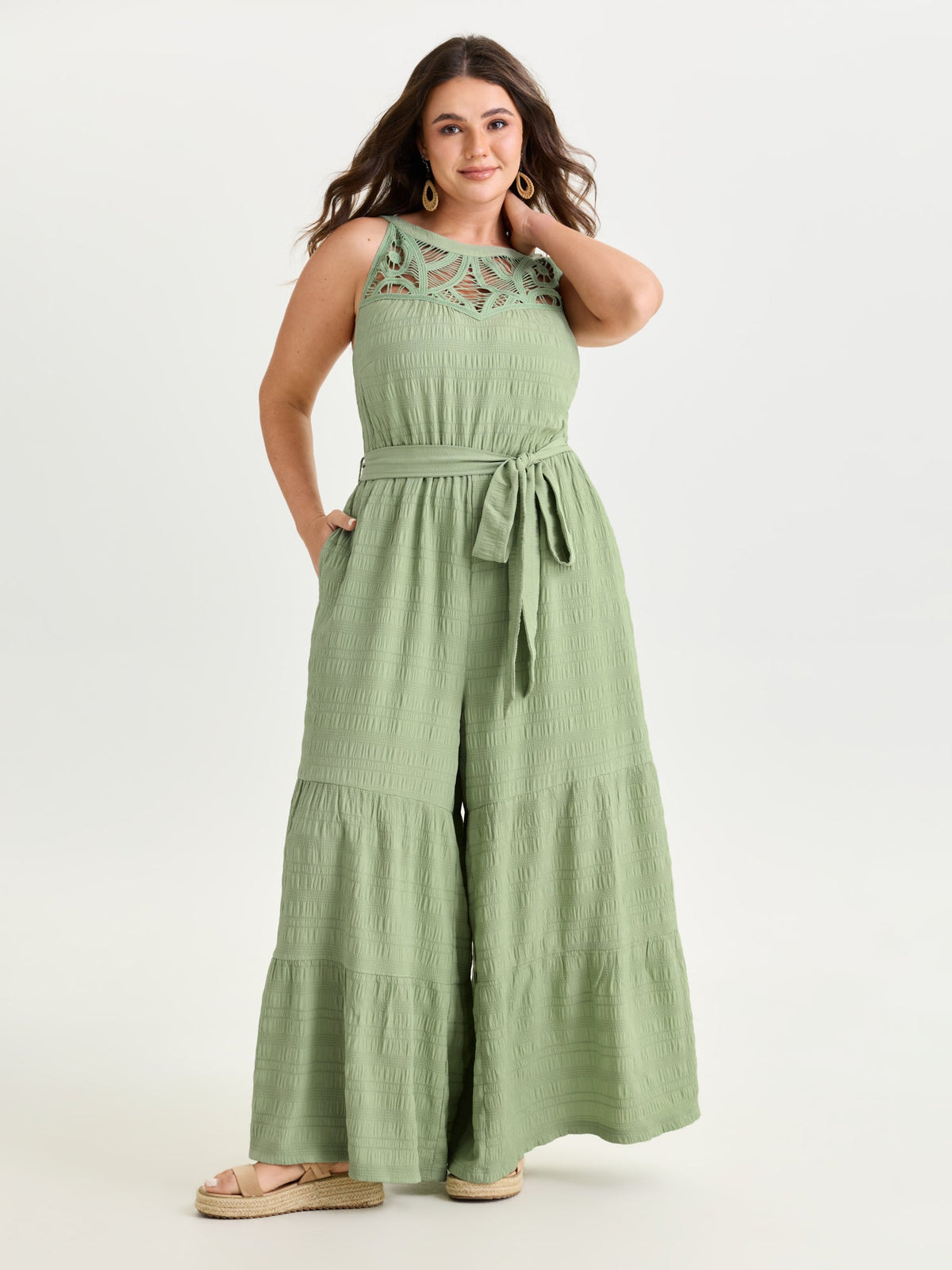 Sheer Lace Neckline Ruffled Hem Jumpsuit
