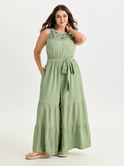 Sheer Lace Neckline Ruffled Hem Jumpsuit