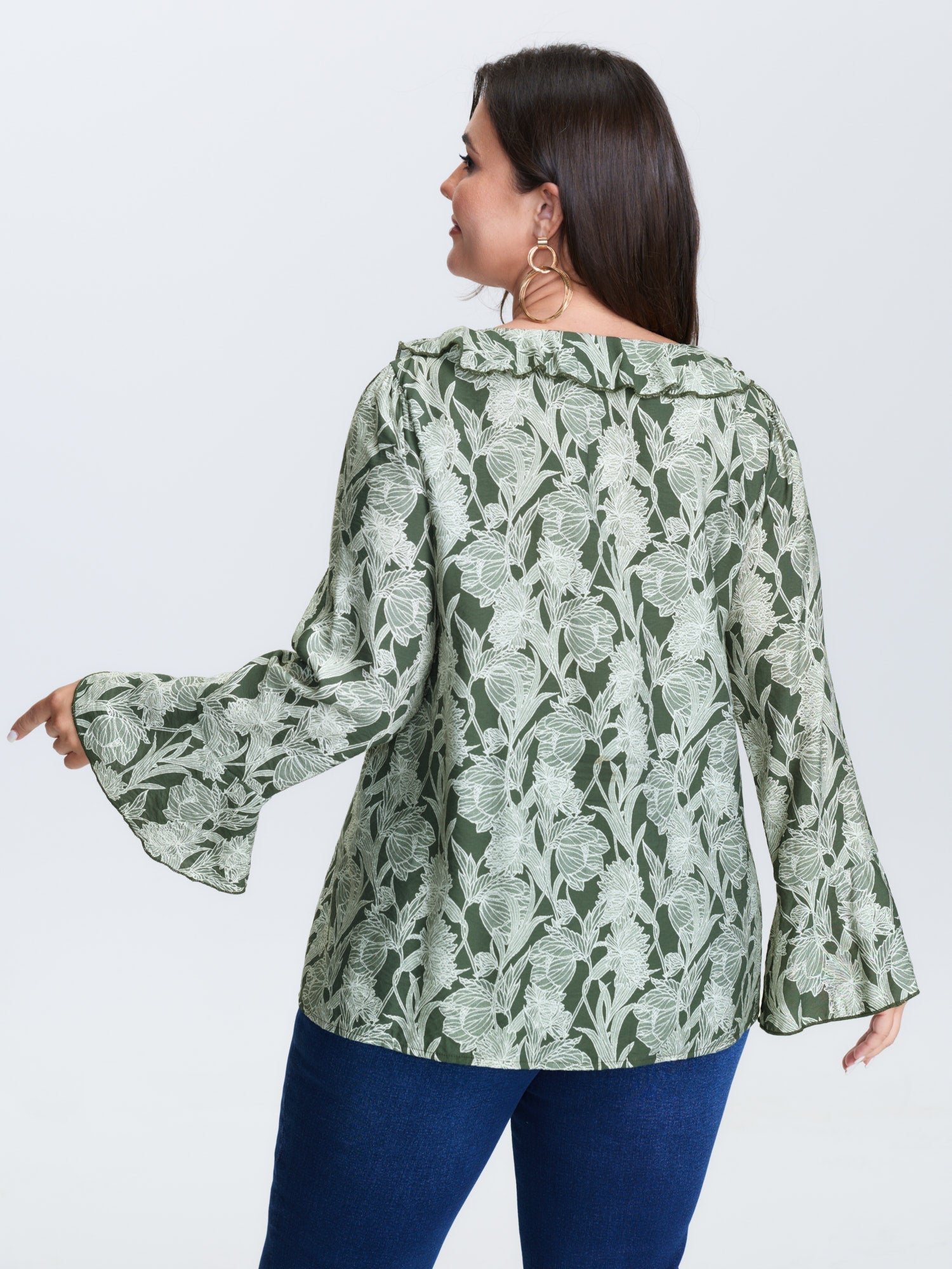 Breezy Floral Print Ruffled Neckline Blouse