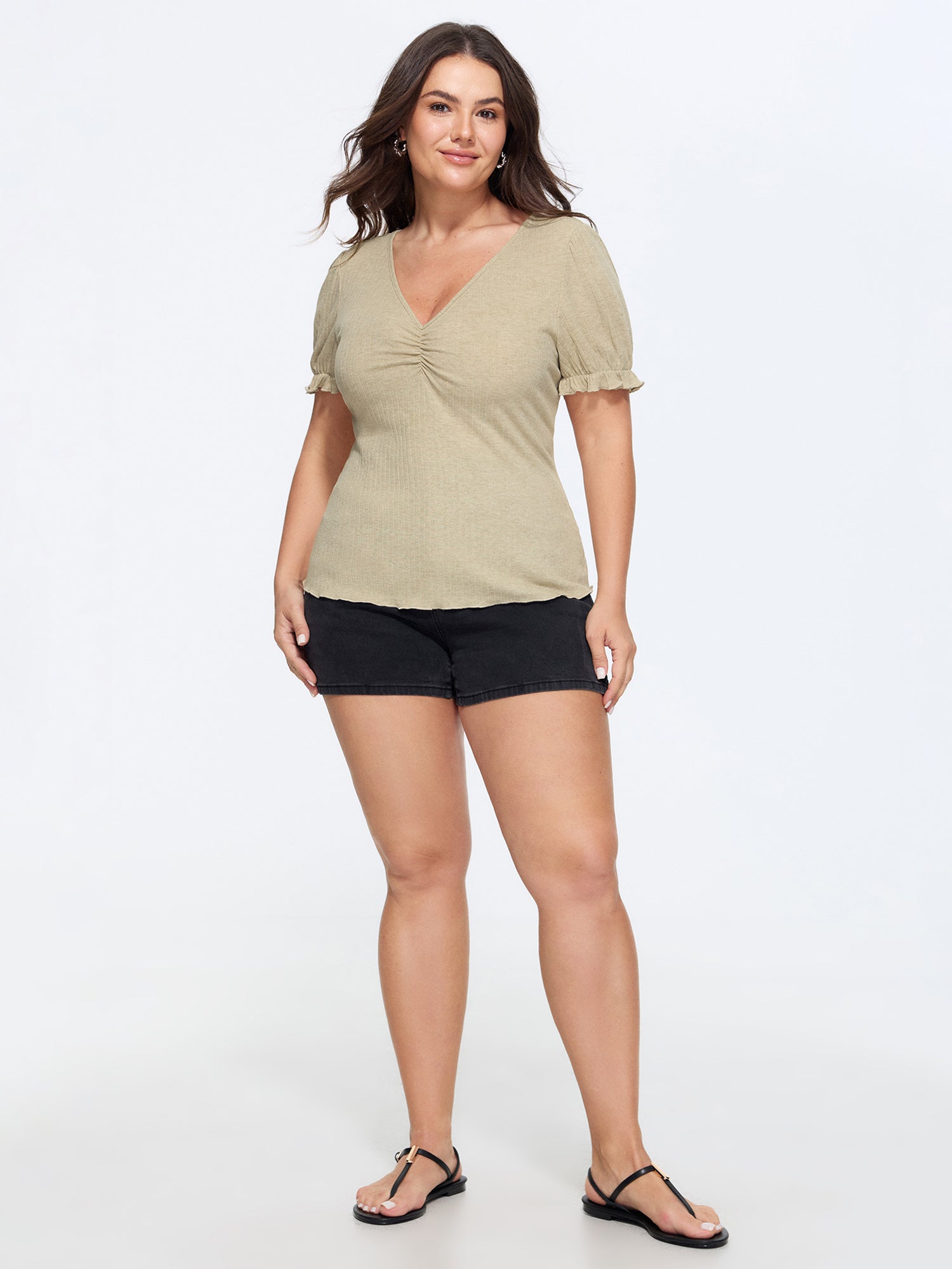 Stretchy Ribbed Ruched Plain T-Shirt