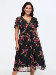 Romantic Floral Print Layered Sleeve Midi Dress