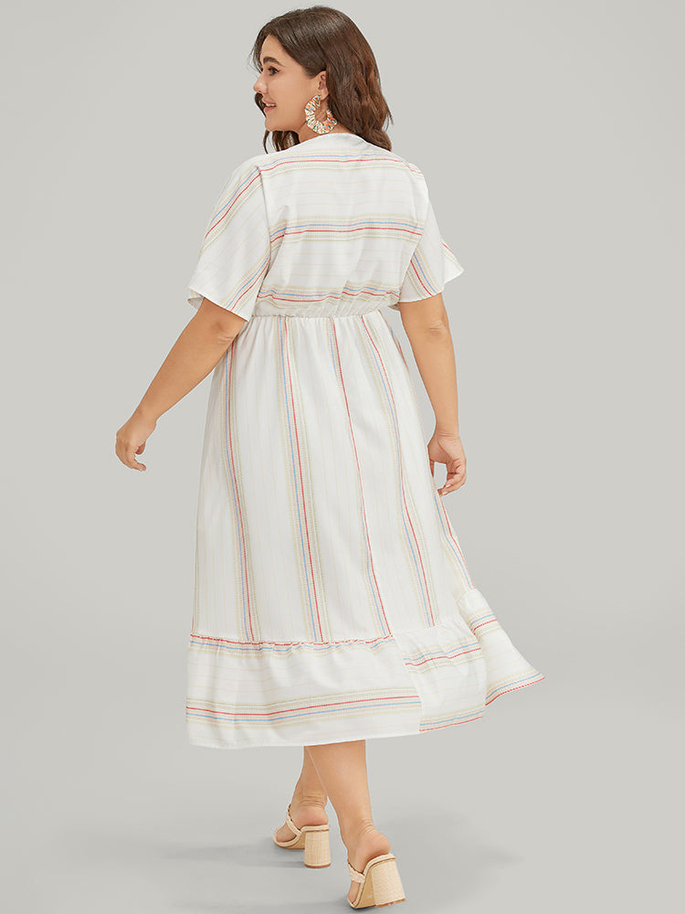 Striped Contrast Flutter Hem Dolman Sleeve Pocket Split Wrap Dress