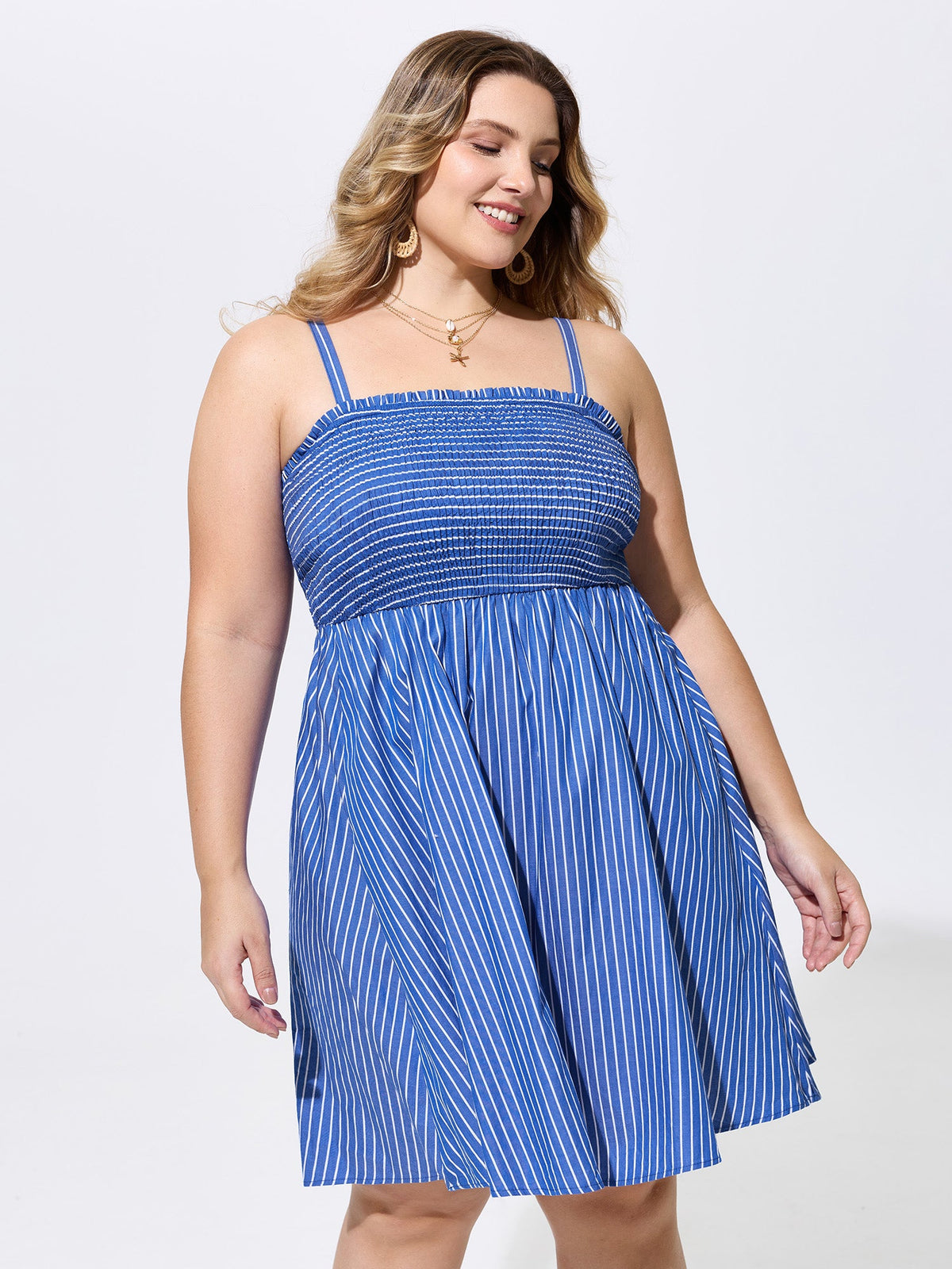 Cotton Striped Square Neckline Shirred Back Mini Dress