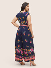 Boho Print Overlap Collar Belted Sleeveless Jumpsuit