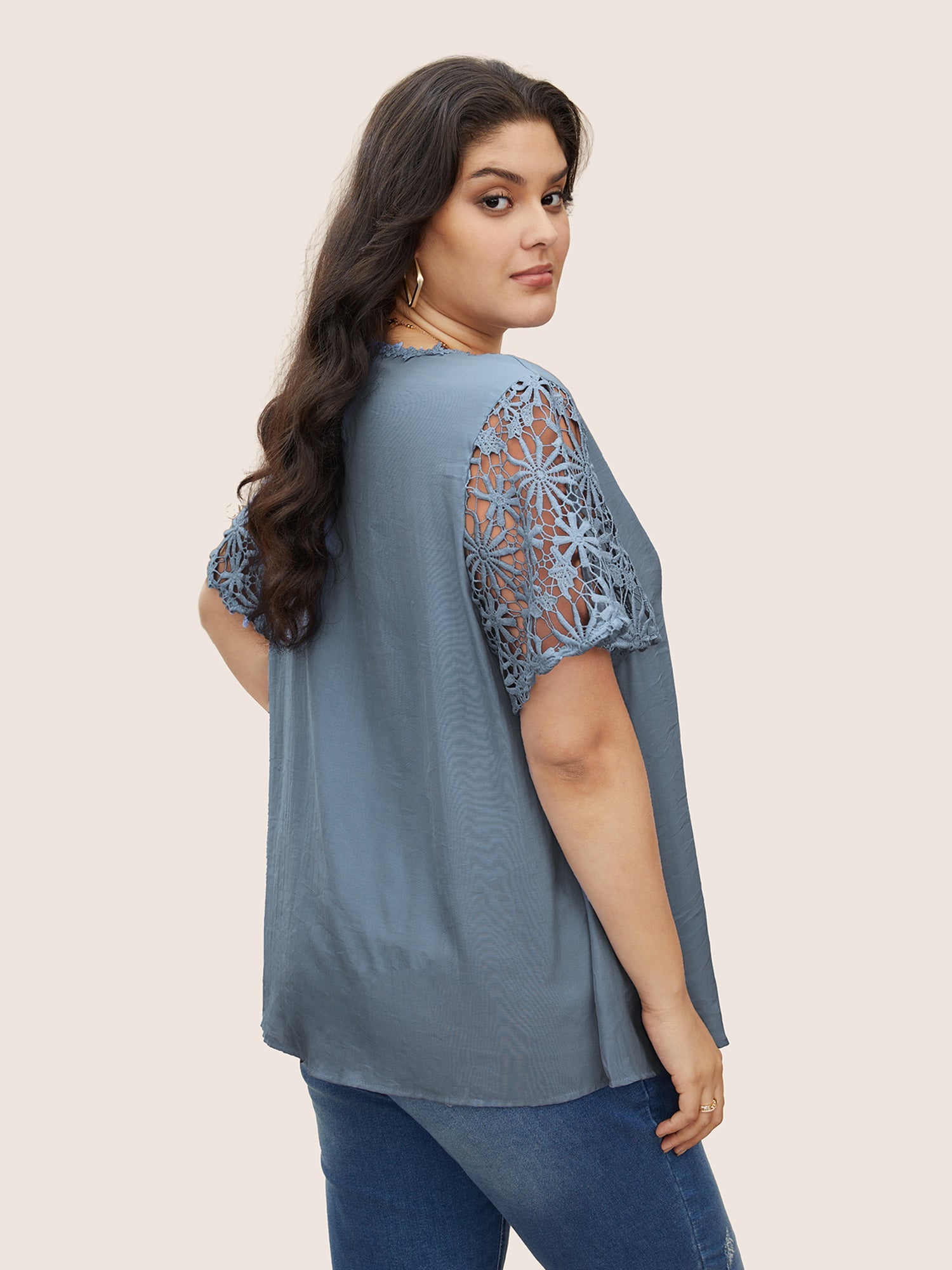 Plain V Neck Floral Patchwork Blouse