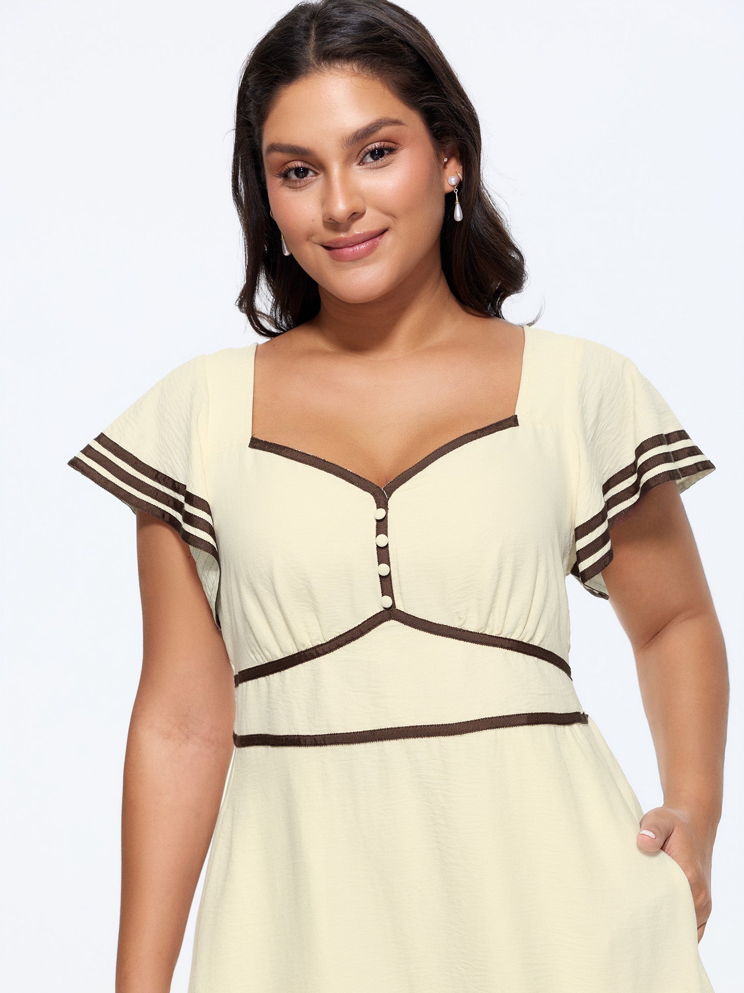 Color Contrast Ruffled Sleeve Midi Dress