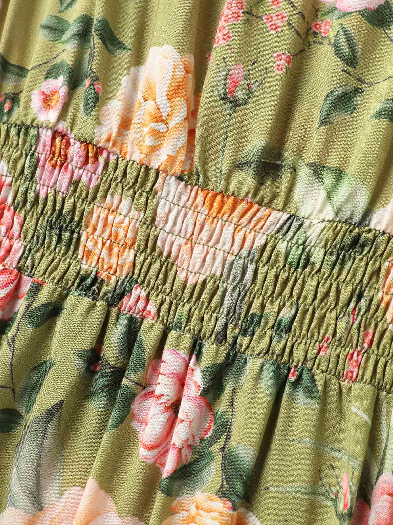 Rayon Floral Shirred Pockets Midi Dress