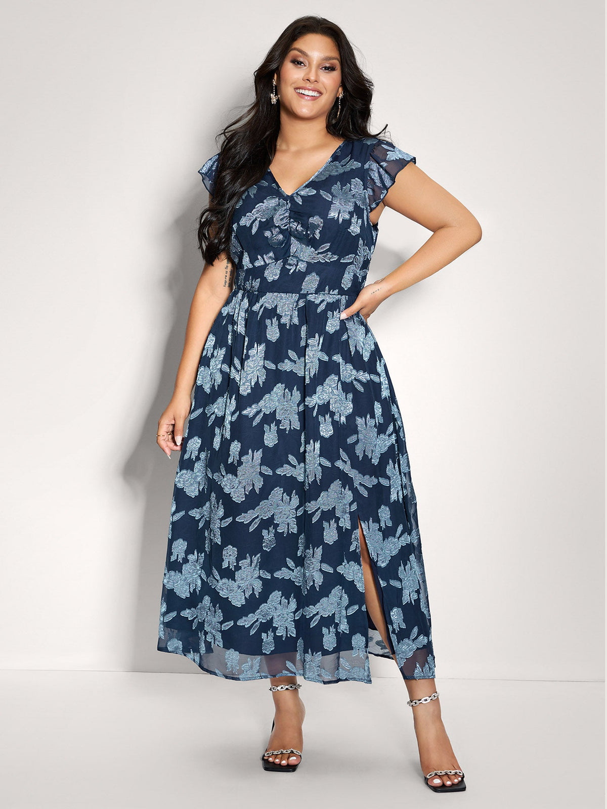 Geometrical Jacquard Textured Shirred Maxi Dress
