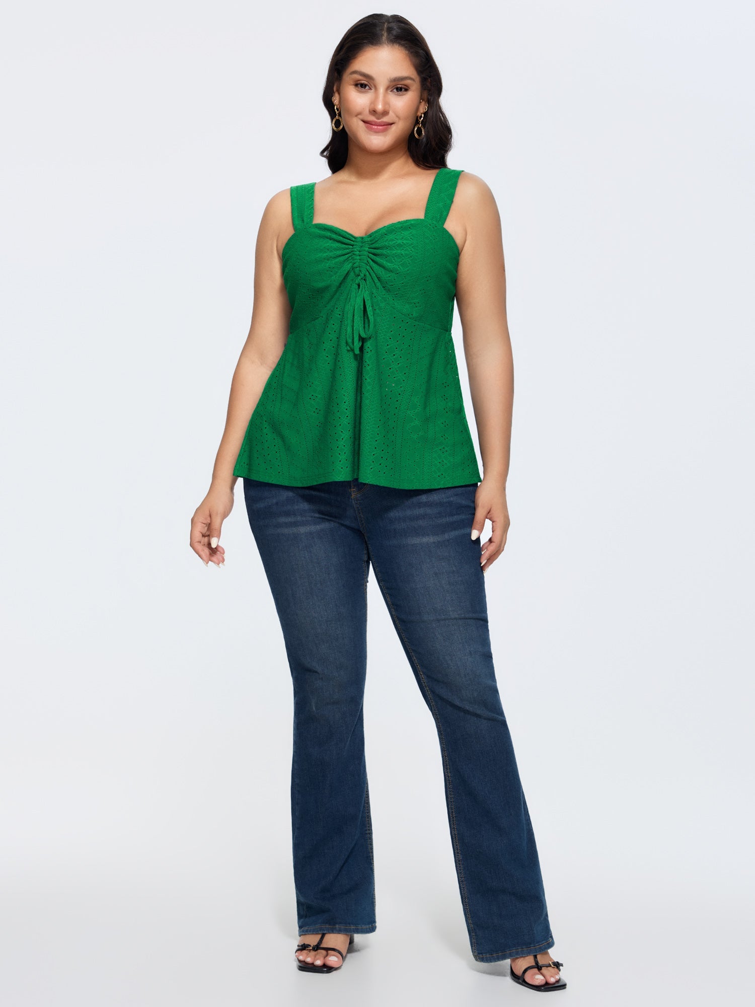 Texture Eyelet Sweetheart Neck Drawstring Tank Top