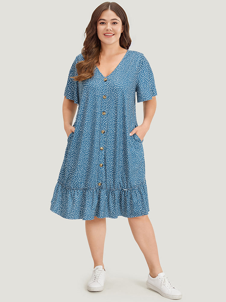 Water Drop Print Button Detail Ruffled Dress