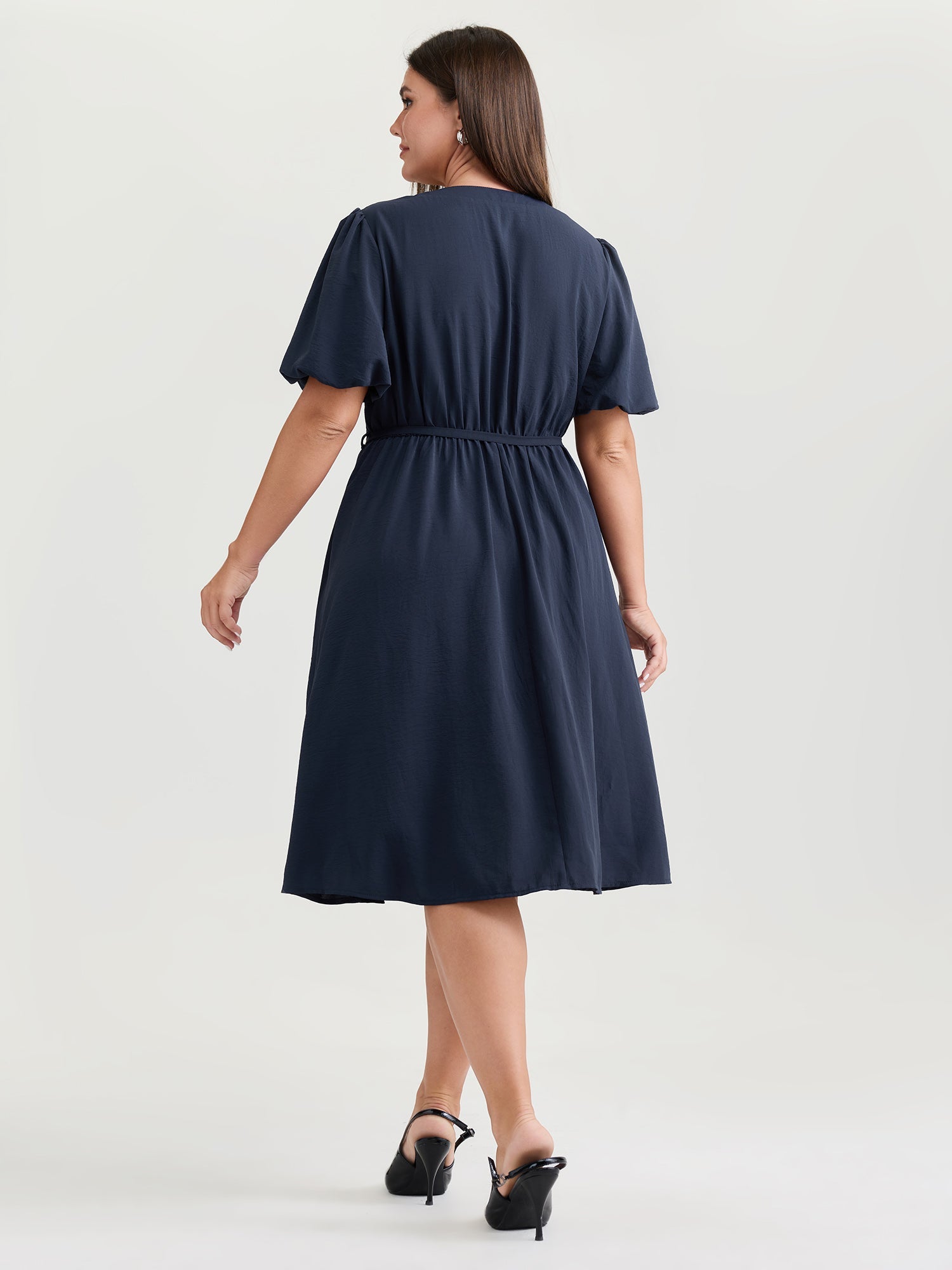 Bubble Sleeve Button Detail Flowy Midi Dress