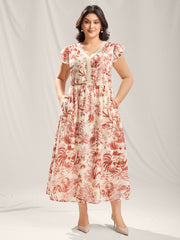 Large Flower Print Lace Trim Maxi Dress