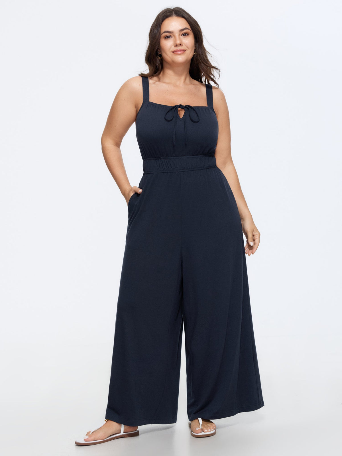 Supersoft Drawstring Neckline Plain Jumpsuit