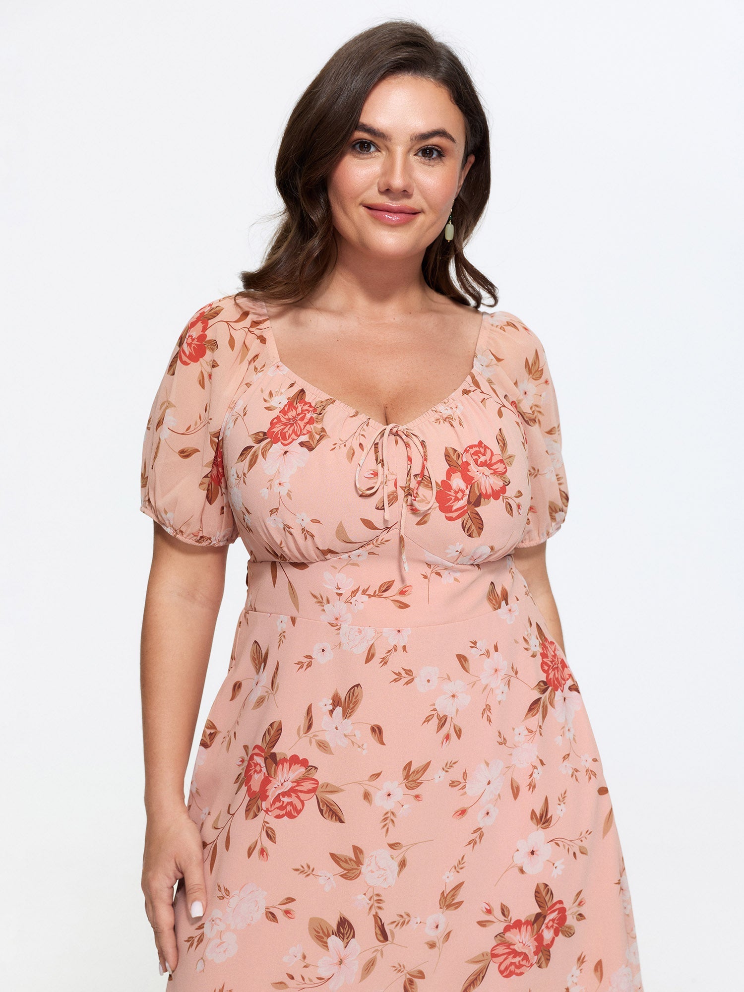 Soft Floral Print Shirred Waist Midi Dress