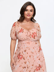 Soft Floral Print Shirred Waist Midi Dress