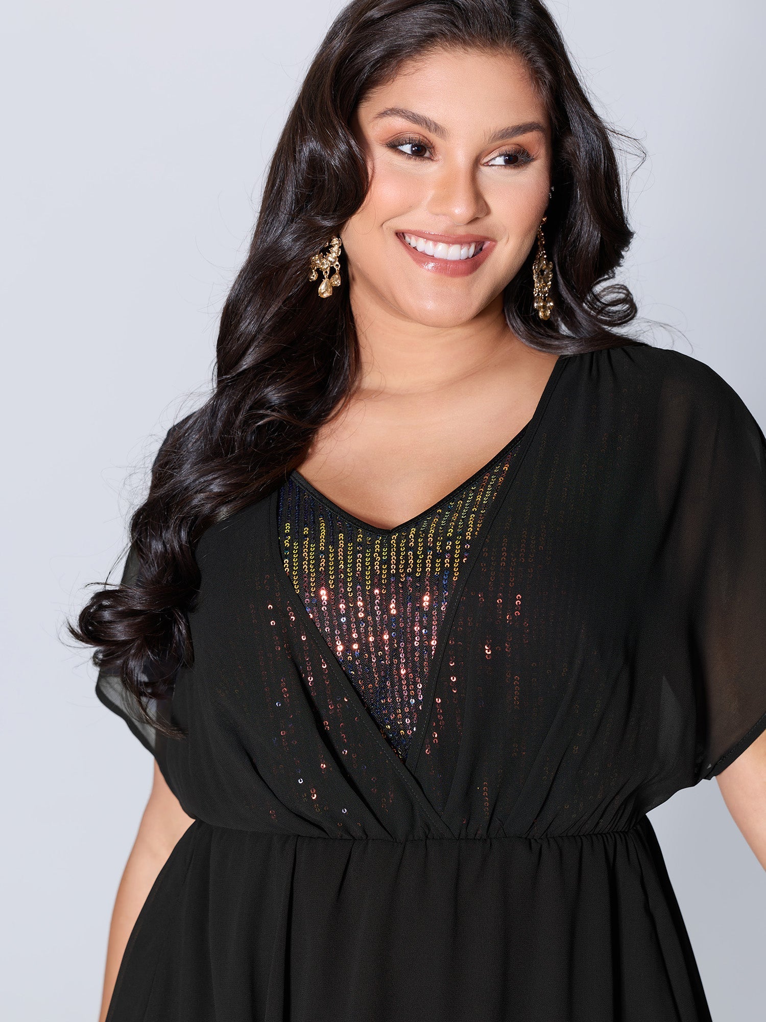 2-in-1 Sheer Sparkly Wrap Maxi Dress
