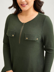 Half Zipper Flap Detail Pockets Knit Top