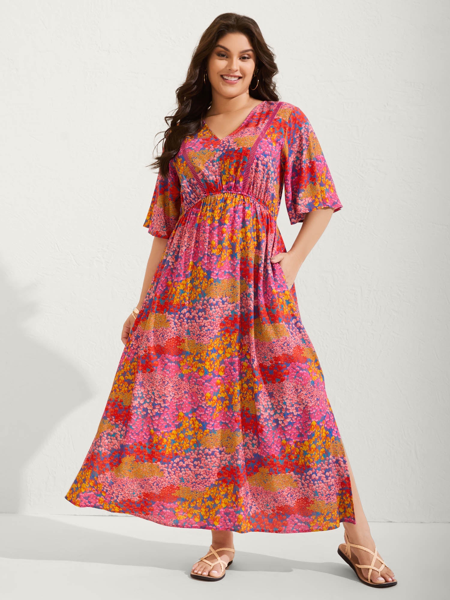 Floral Lace Trim Flowy Sleeve Maxi Dress