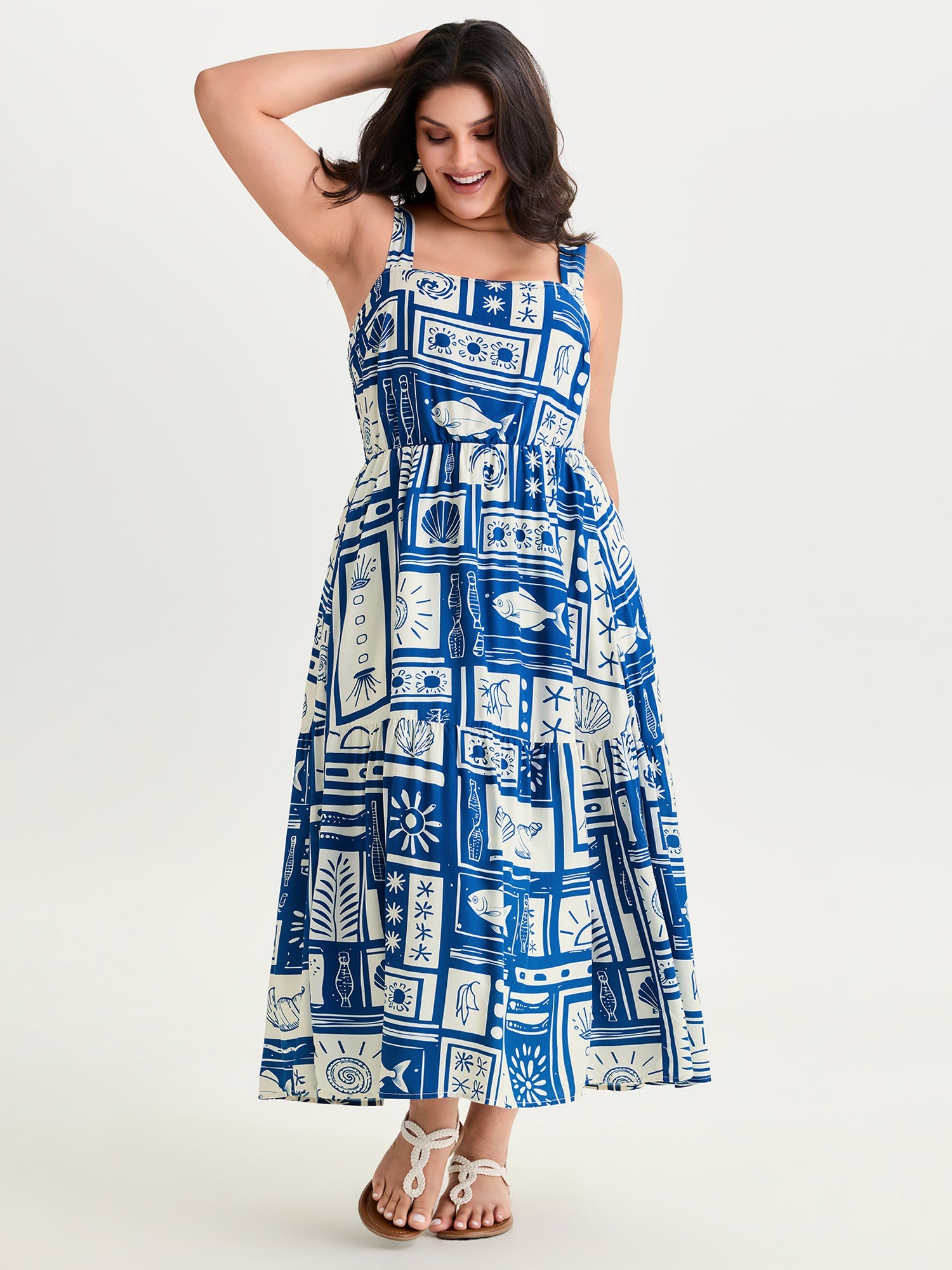 Nautical Print Shirred Tiered Adjustable Straps Midi Dress