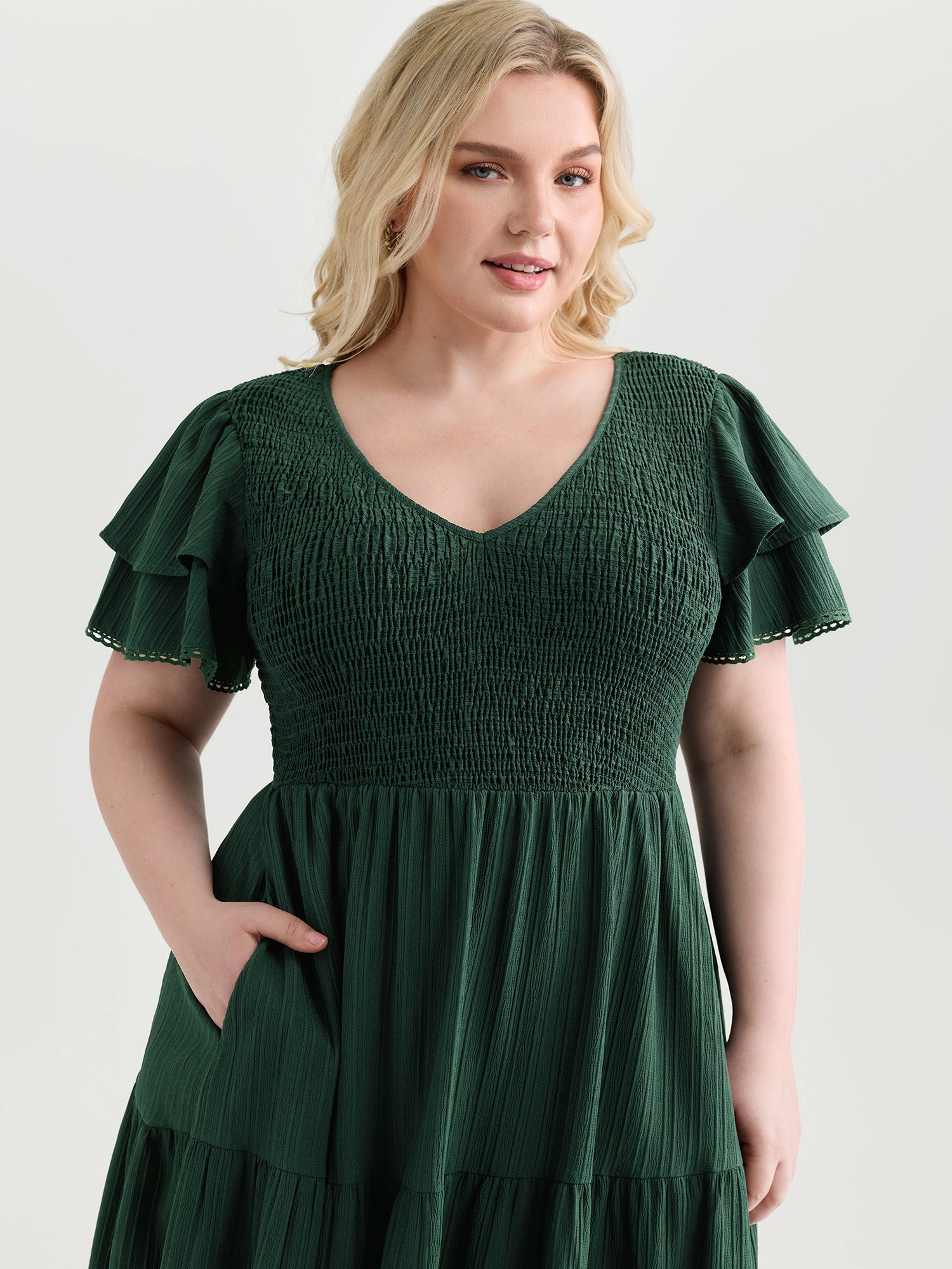 Textured Shirred Bust-Friendly Tiered Maxi Dress