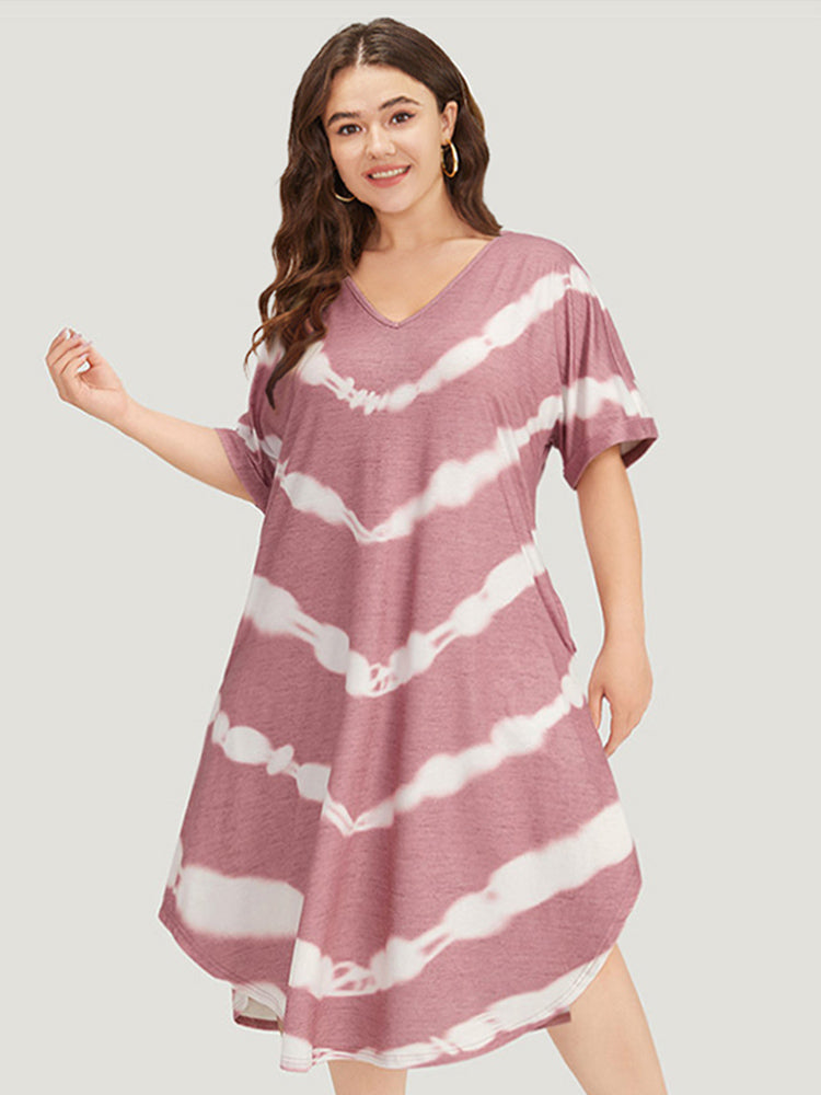 Tie Dye Striped Two Tone V Neck Pocket Dress