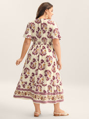 Rayon Floral Print Stretchy Waist Midi Dress