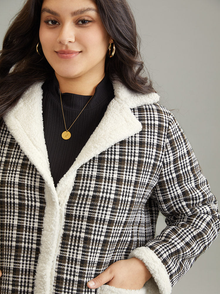 Plaid Fuzzy Trim Patchwork Lapel Collar Pocket Coat