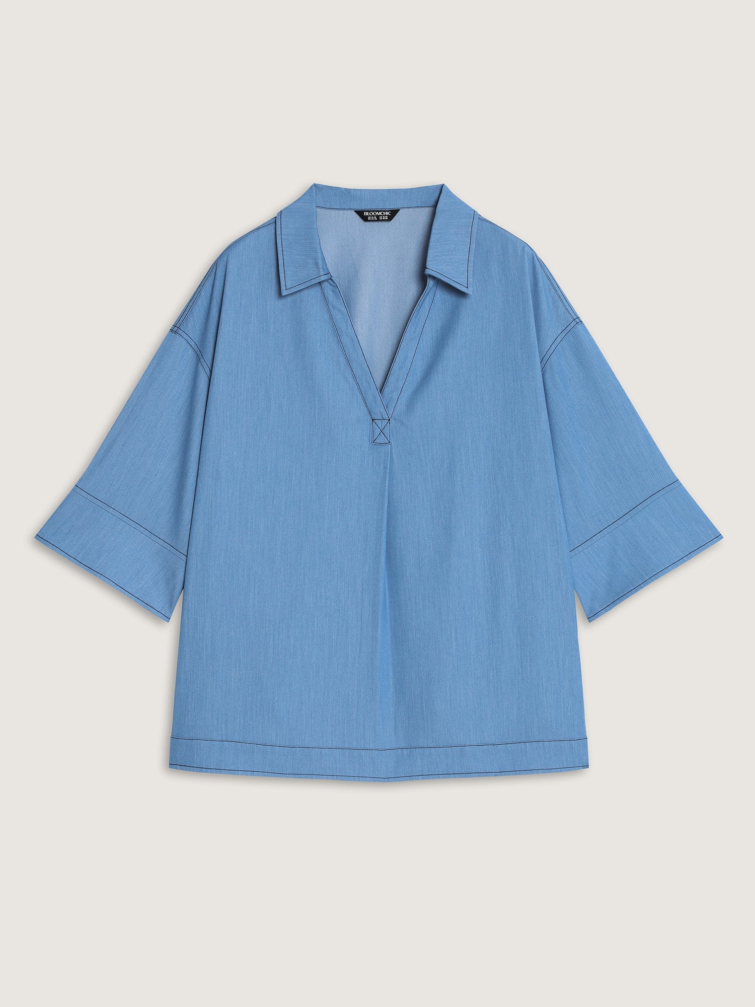 Pleated Relaxed-Fit Plain Faux Denim Blouse