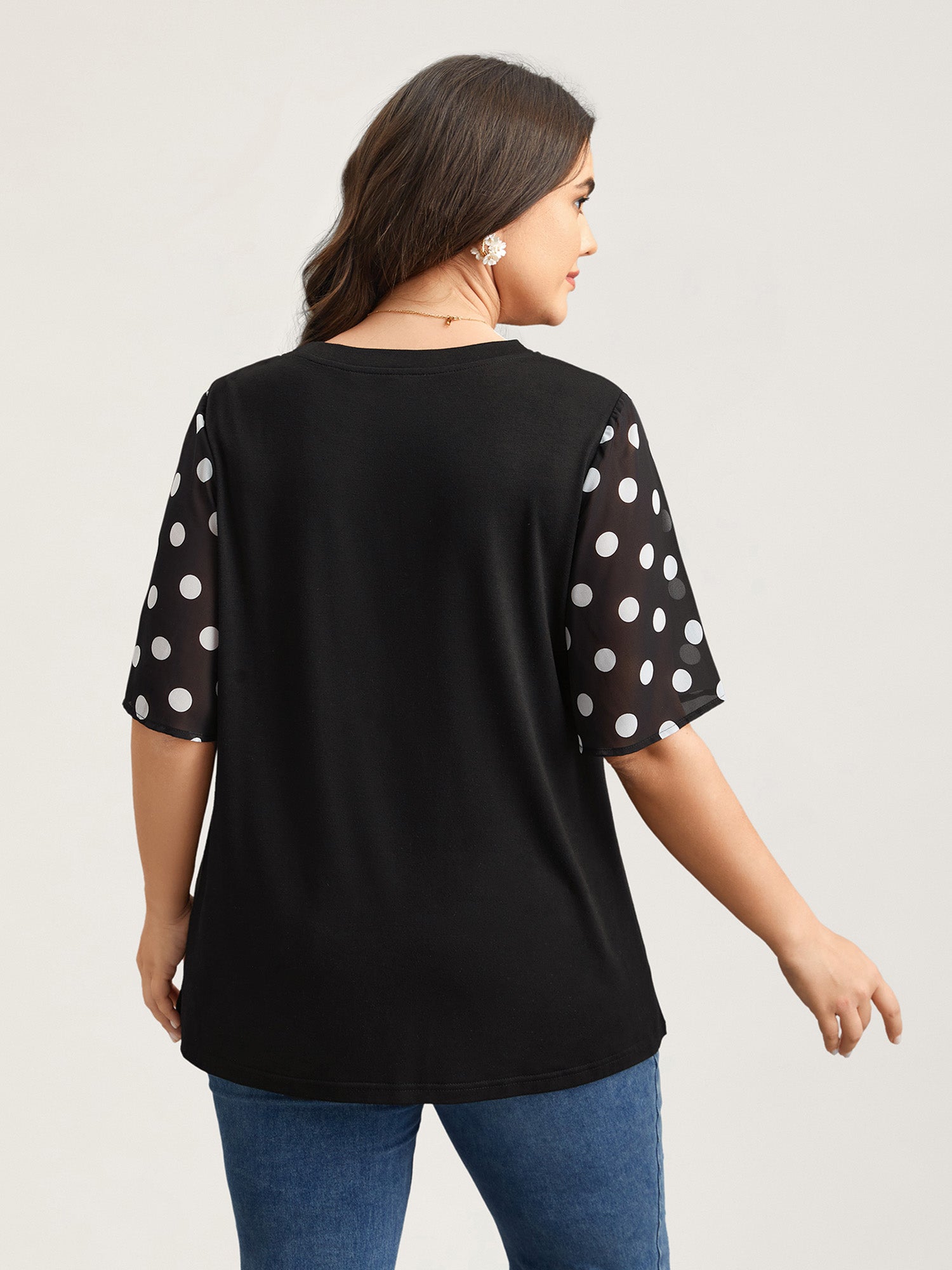 Stretchy Sheer Dot Sleeve Textured T-Shirt