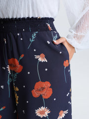 Floral Print Shirred Waist Wide Leg Pants