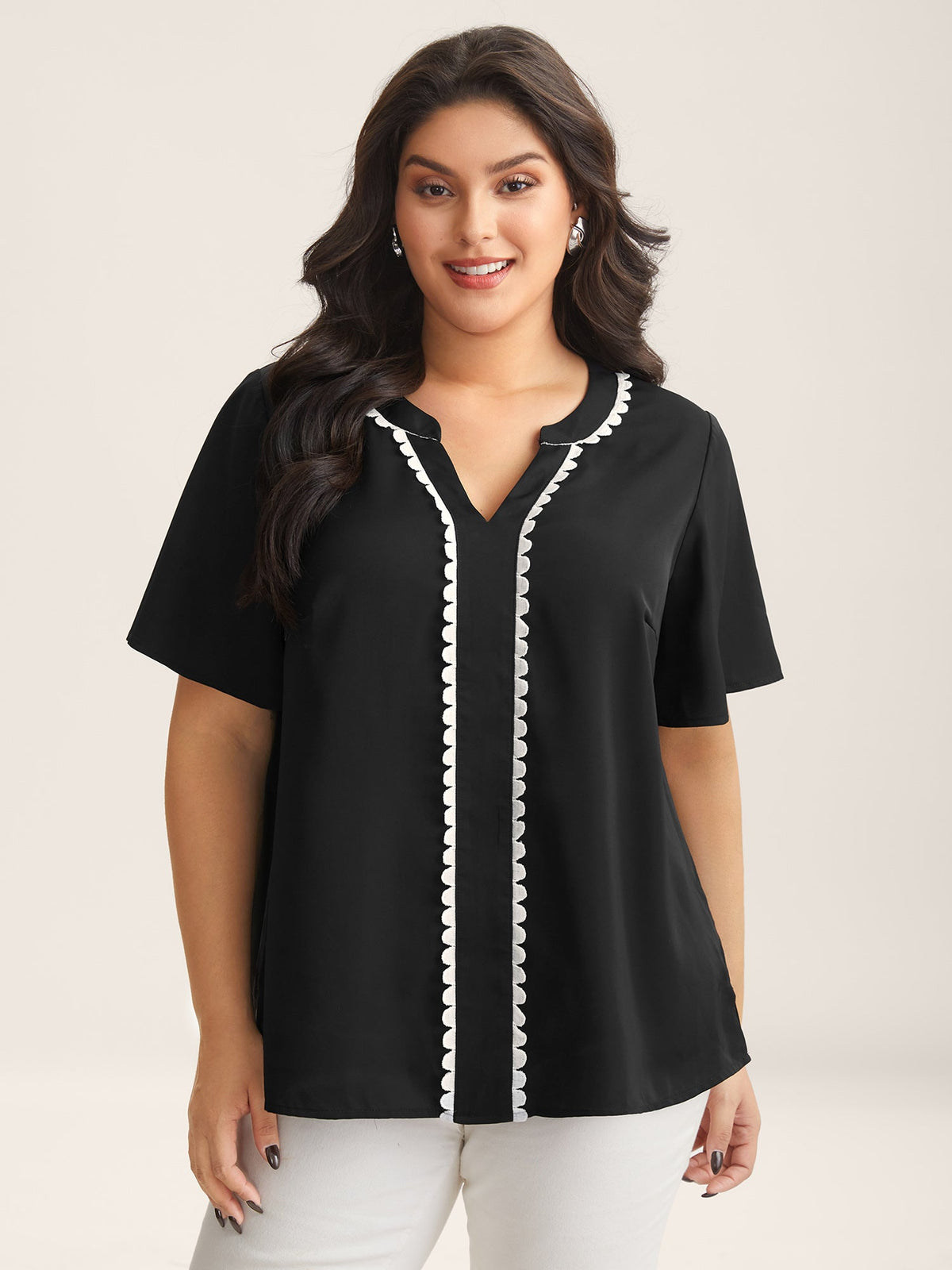 Lace Trim Notched Collar Solid Blouse