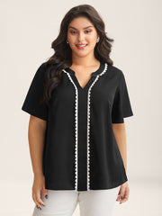 Lace Trim Notched Collar Solid Blouse