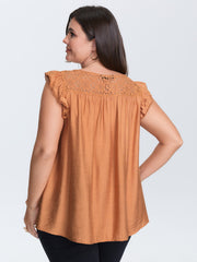 Ruffled Sleeve Button Detail Lace Tank Top