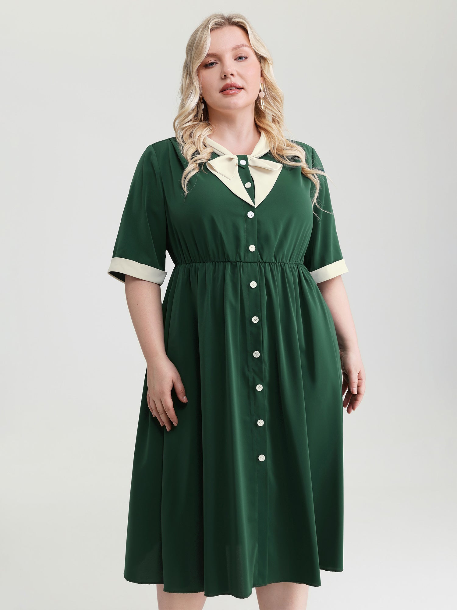 Retro Color Contrast Floating Collar Midi Dress