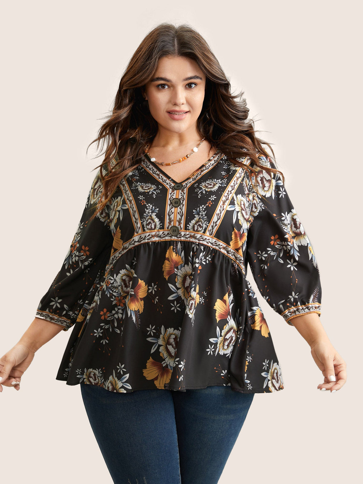Boho Print V Neck Button Detail Gathered Blouse