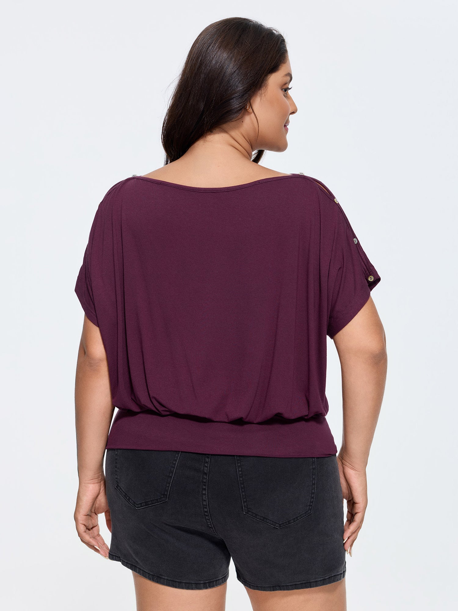 Supersoft Stretchy Button Off-Shoulder Plain T-Shirt