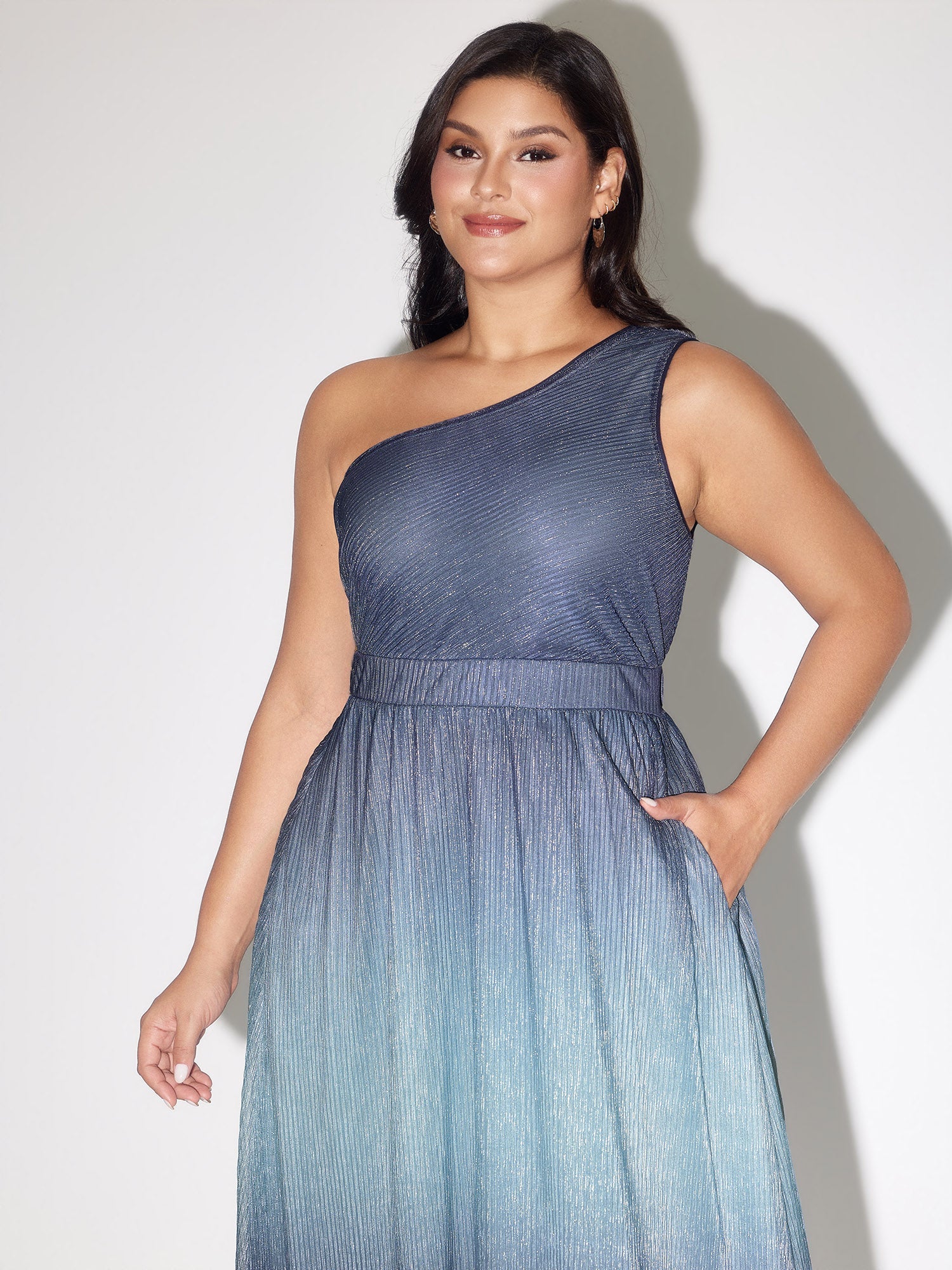 One-Shoulder Ombre Shimmer Mesh Midi Dress