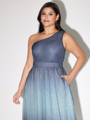 One-Shoulder Ombre Shimmer Mesh Midi Dress