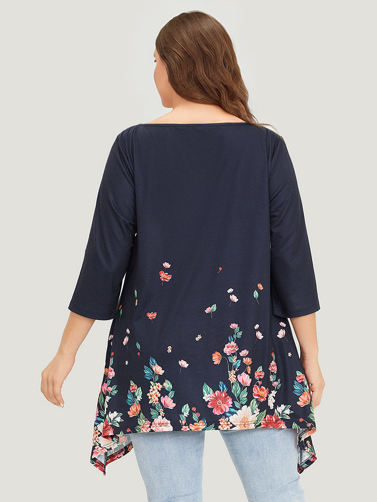 Floral Print Crew Neck Asymmetrical Hem T-shirt
