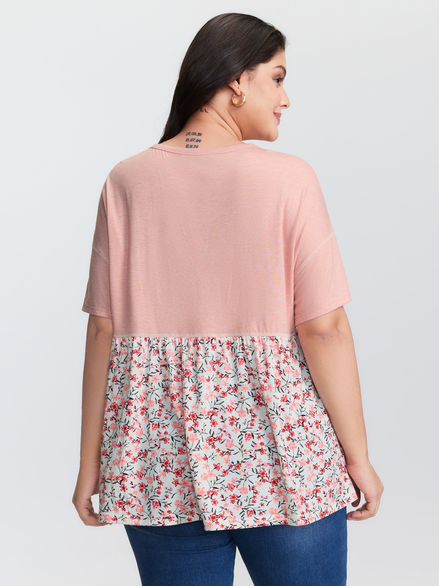 Floral Print Color Contrast Placket T-Shirt